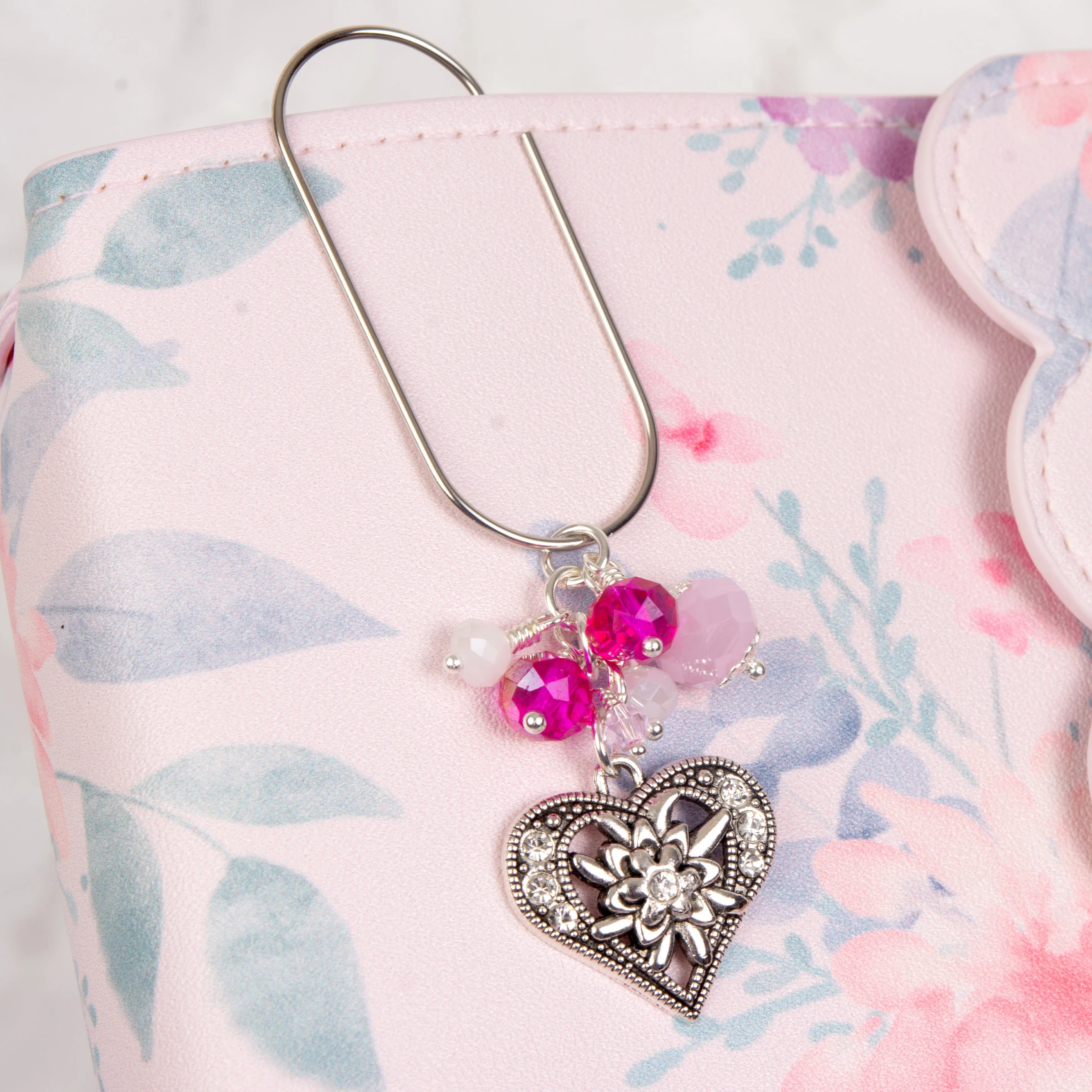 Rhinestone Heart Dangle Planner Clip or Charm with Pink and White Crystals