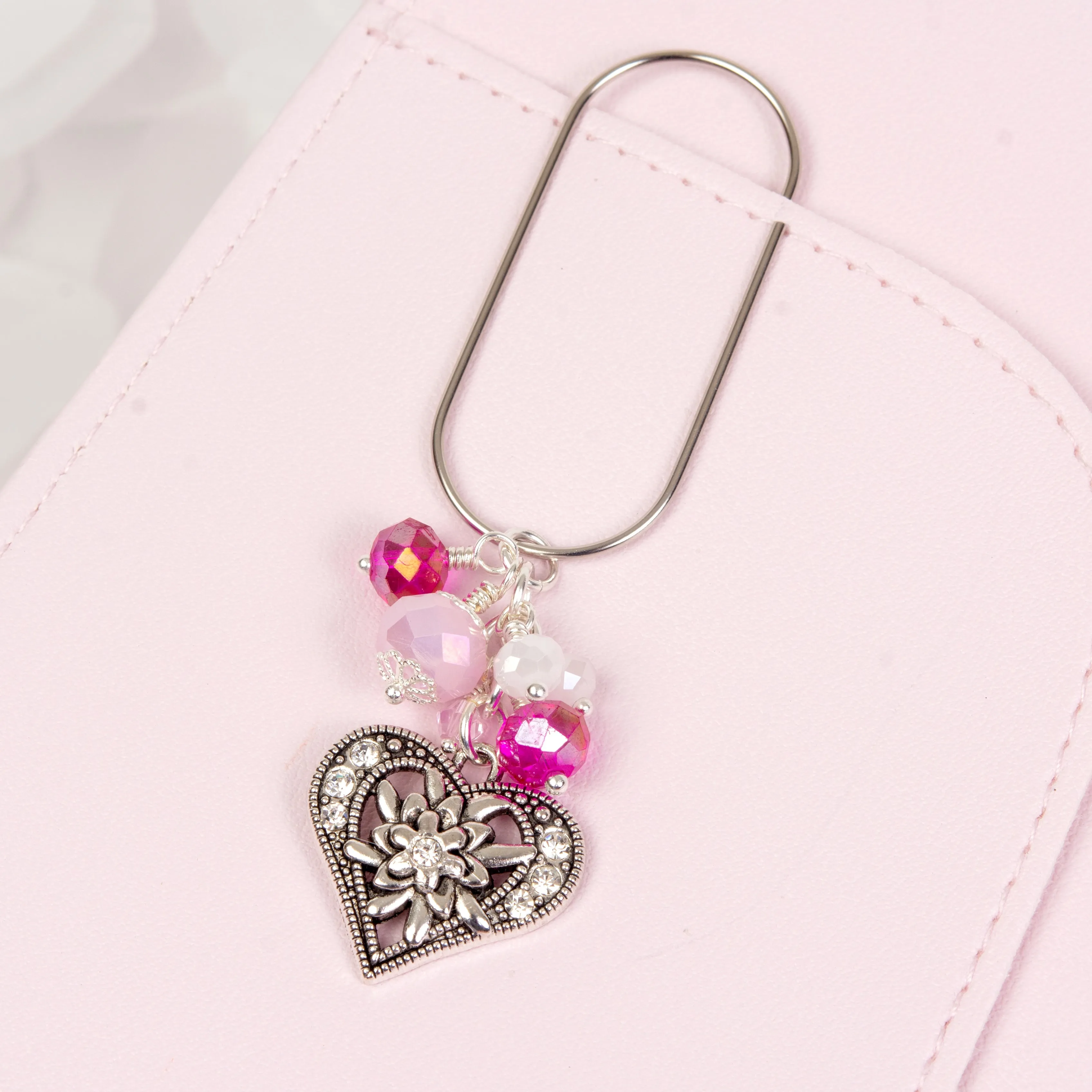 Rhinestone Heart Dangle Planner Clip or Charm with Pink and White Crystals