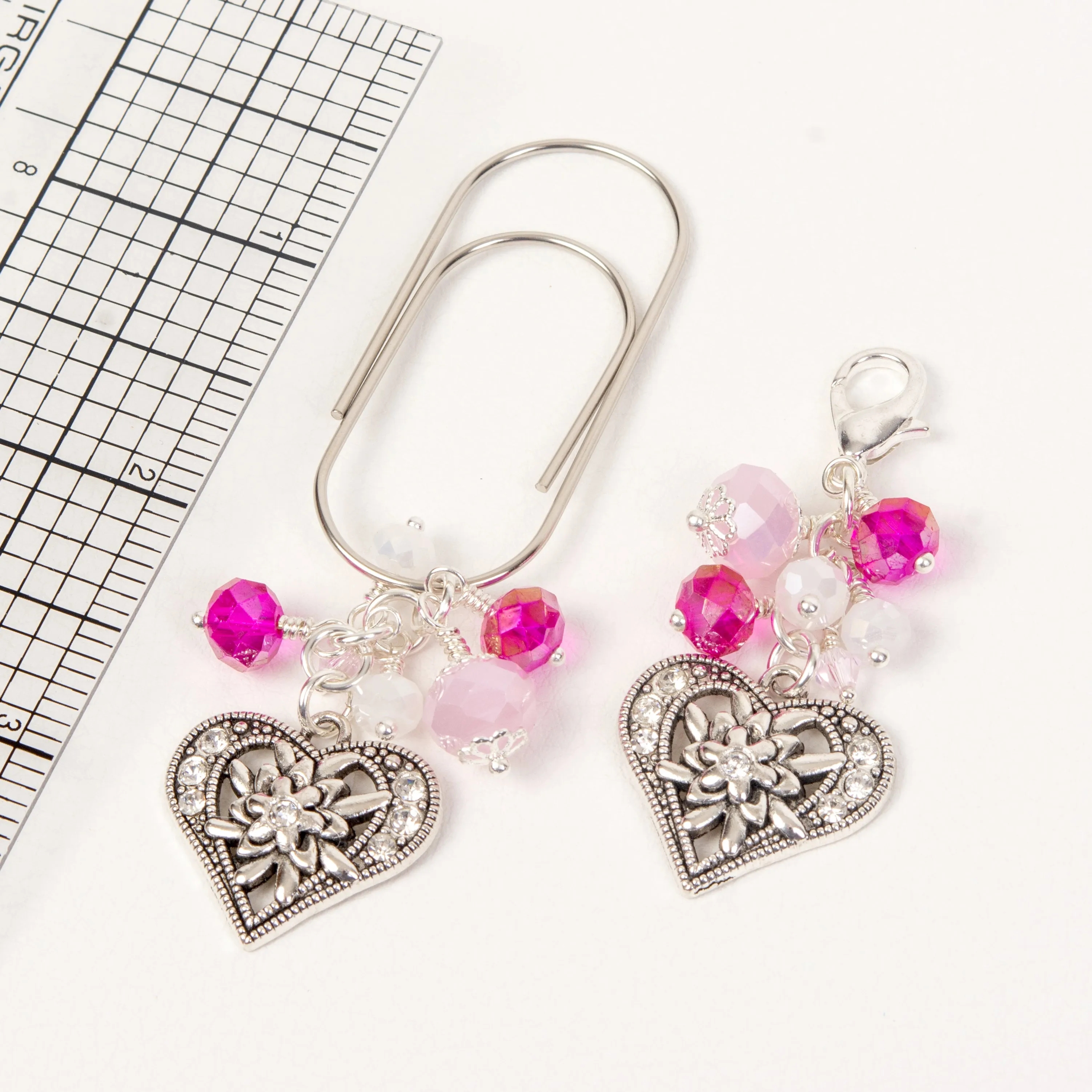 Rhinestone Heart Dangle Planner Clip or Charm with Pink and White Crystals