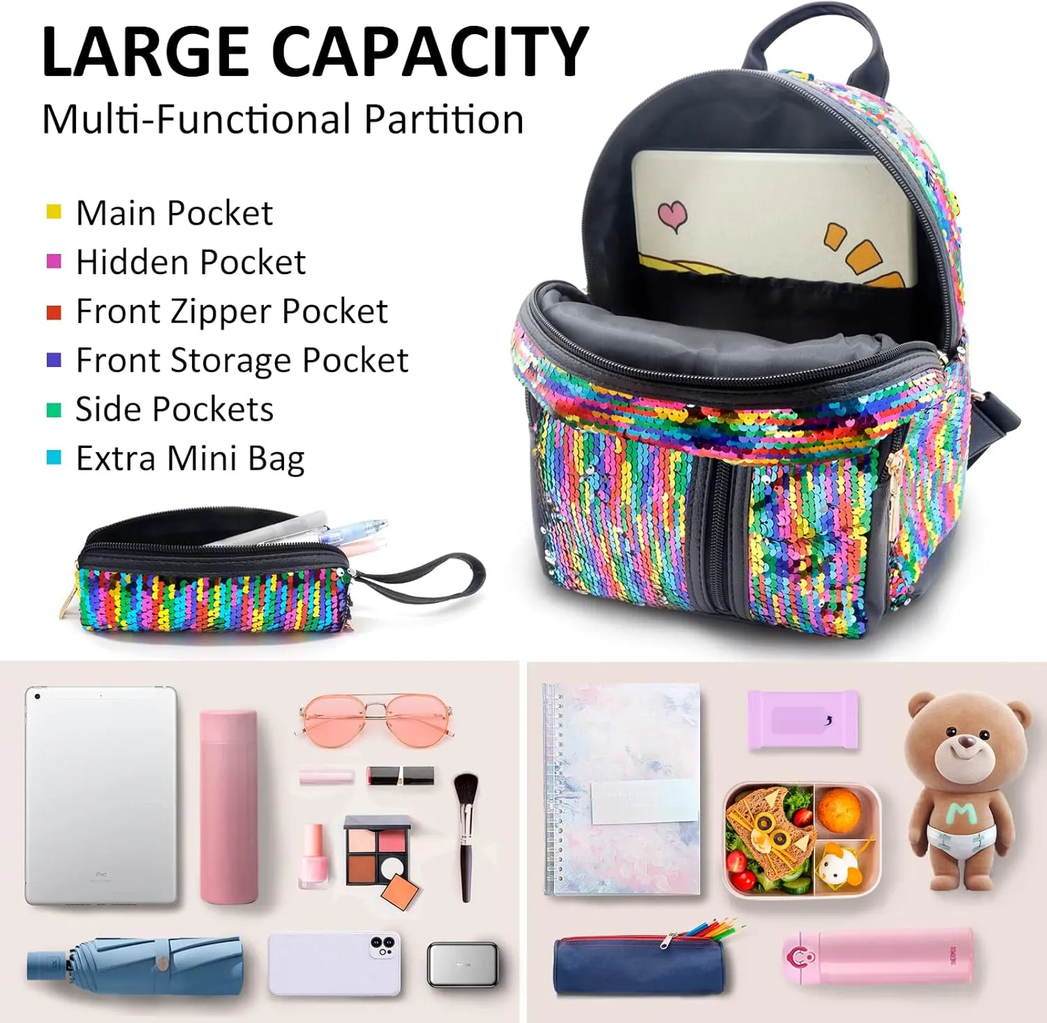 Small Sequin Backpack for Girls Glitter Backpacks School Bookbag Fashion Daypacks - Colorful Rainbow