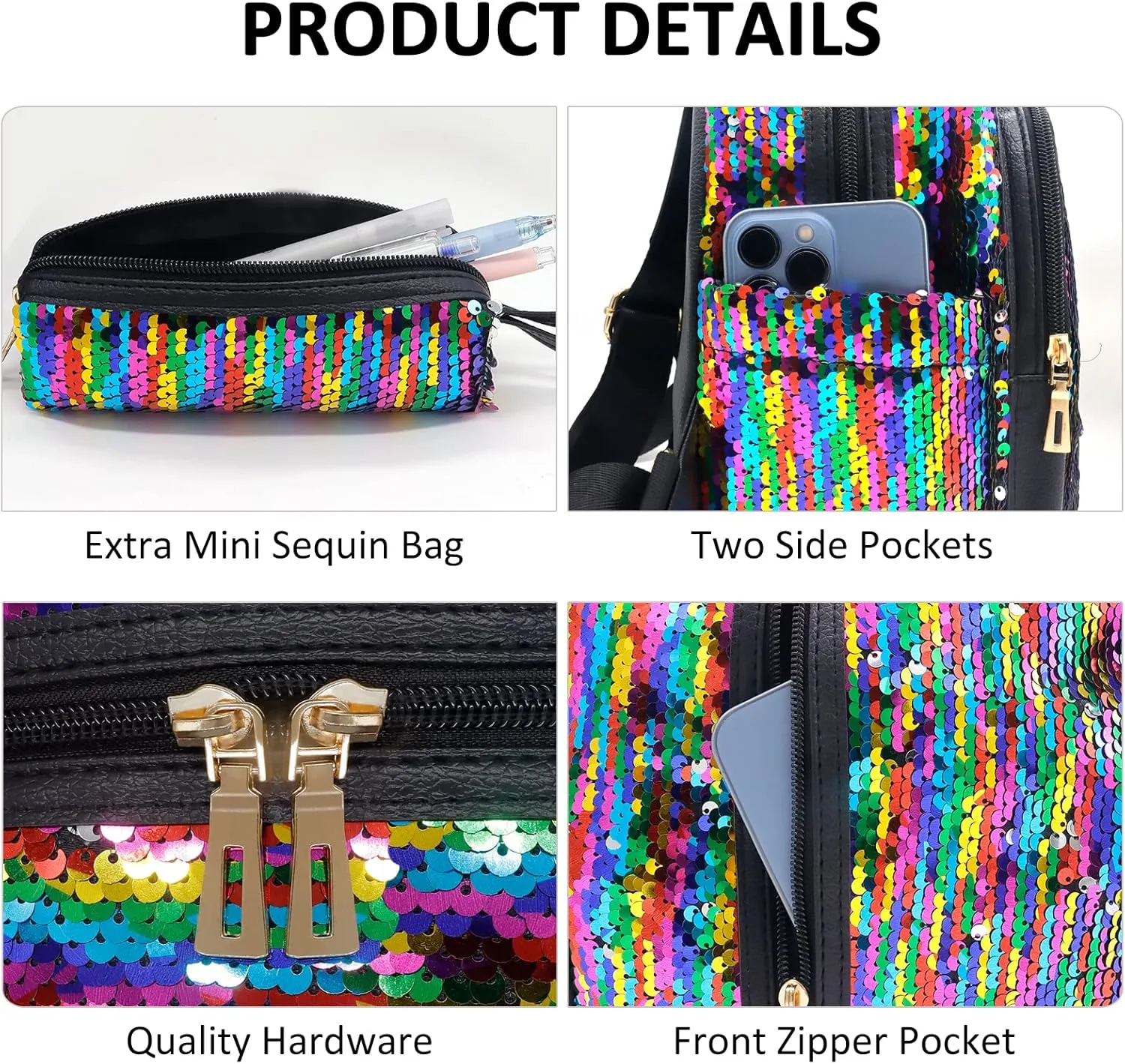 Small Sequin Backpack for Girls Glitter Backpacks School Bookbag Fashion Daypacks - Colorful Rainbow