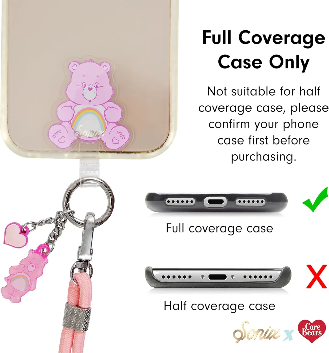 Sonix x Care Bears | Crossbody Phone Strap with Charms | Adjustable, Universal Cell Phone Rope Strap Lanyard | Pink Cord | Cheer Bear