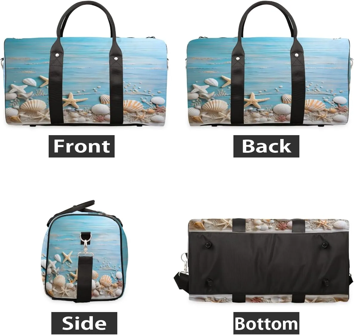 Starfish and Seashells Travel Duffle Bag, Sports Gym Bags for Women Men, Carry On Weekender Overnight Bag, Beach Coastal Nautical Workout Hospital Airplane Trips Bag