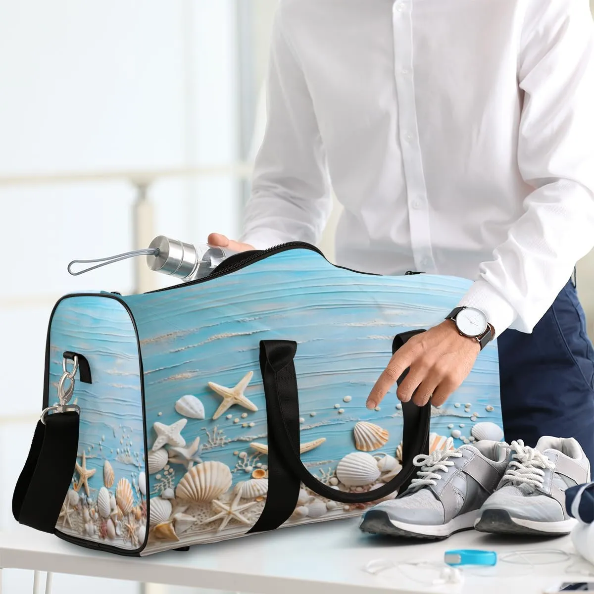 Starfish and Seashells Travel Duffle Bag, Sports Gym Bags for Women Men, Carry On Weekender Overnight Bag, Beach Coastal Nautical Workout Hospital Airplane Trips Bag