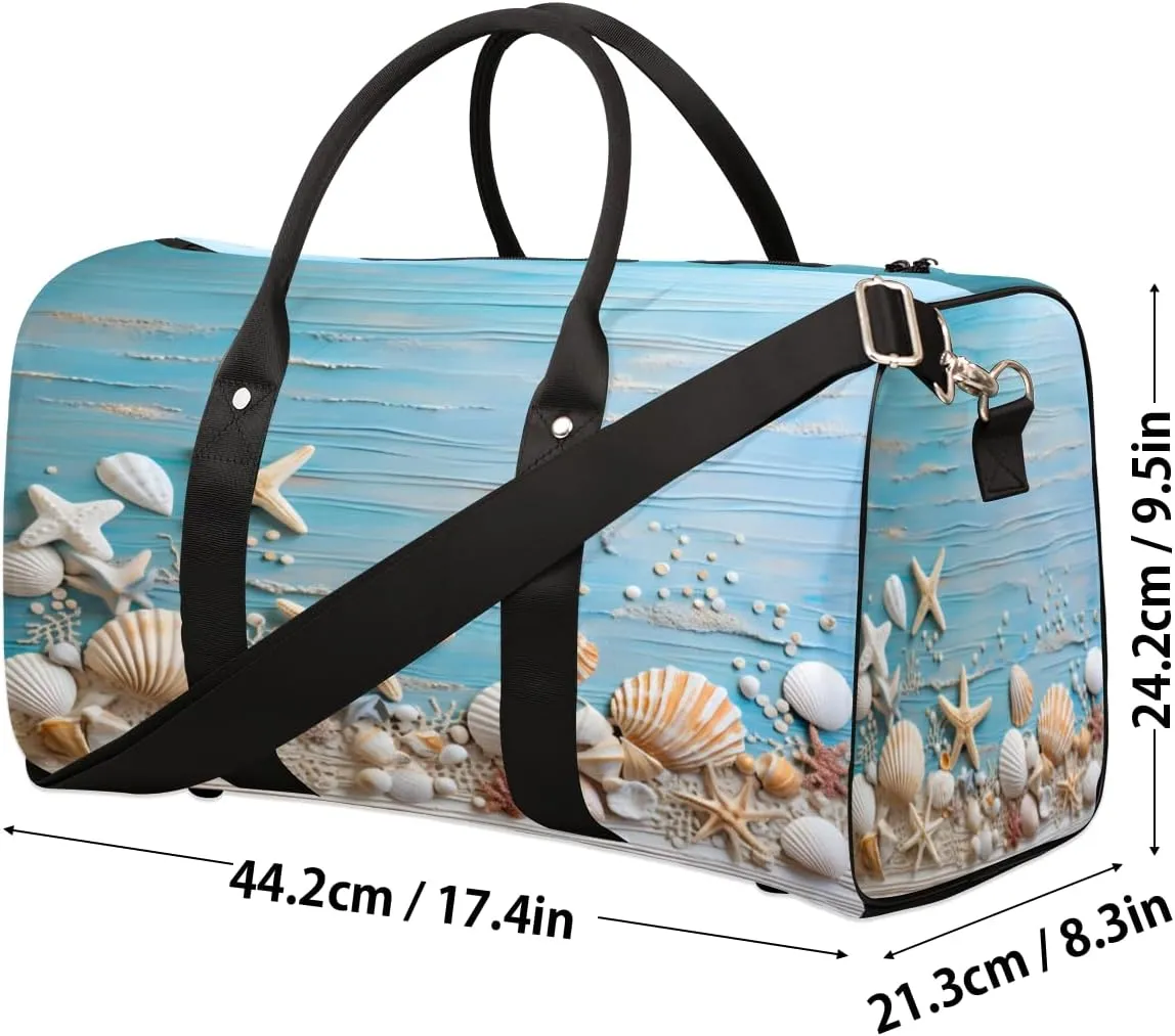 Starfish and Seashells Travel Duffle Bag, Sports Gym Bags for Women Men, Carry On Weekender Overnight Bag, Beach Coastal Nautical Workout Hospital Airplane Trips Bag