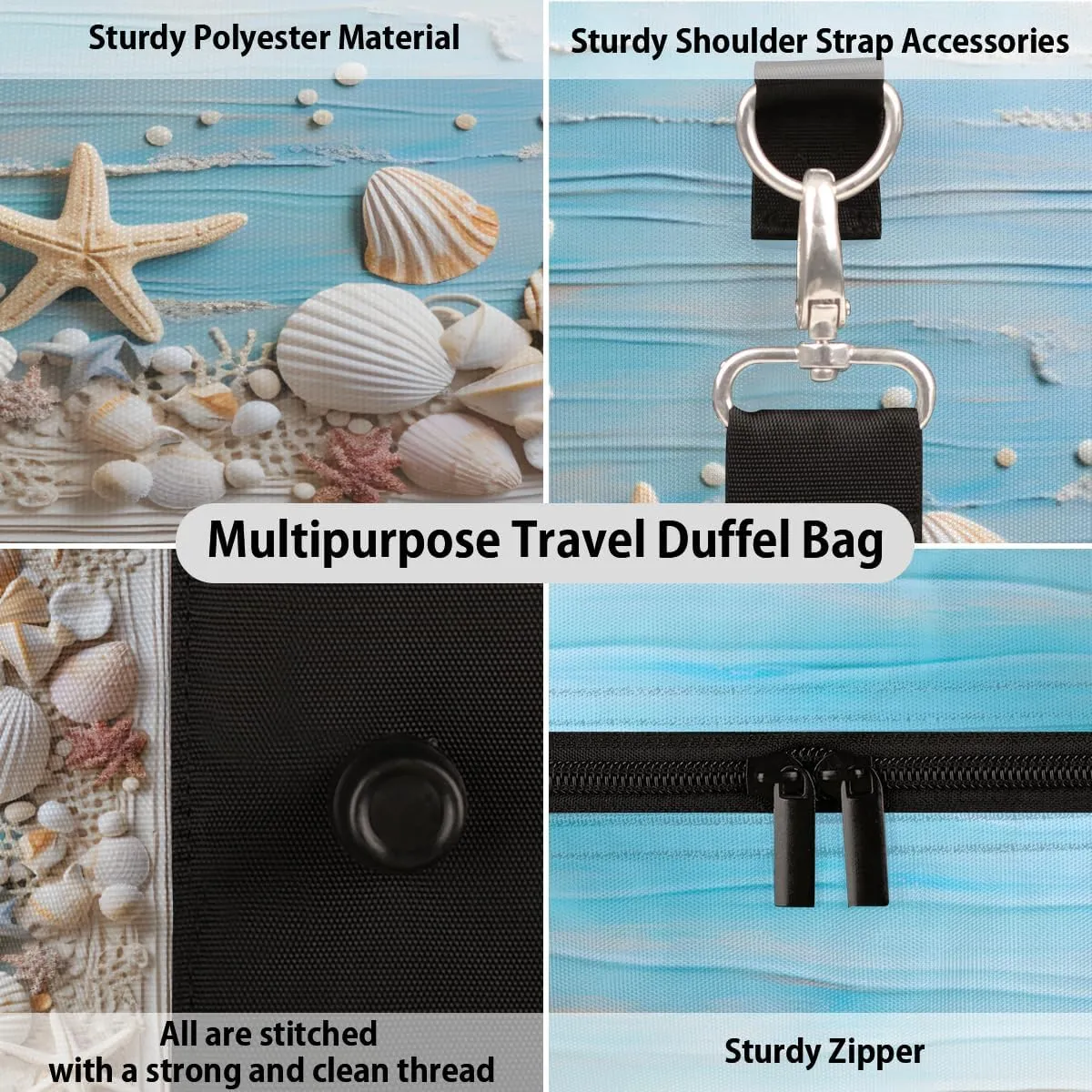 Starfish and Seashells Travel Duffle Bag, Sports Gym Bags for Women Men, Carry On Weekender Overnight Bag, Beach Coastal Nautical Workout Hospital Airplane Trips Bag