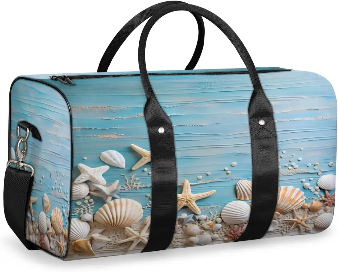 Starfish and Seashells Travel Duffle Bag, Sports Gym Bags for Women Men, Carry On Weekender Overnight Bag, Beach Coastal Nautical Workout Hospital Airplane Trips Bag