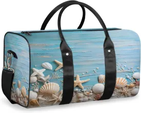 Starfish and Seashells Travel Duffle Bag, Sports Gym Bags for Women Men, Carry On Weekender Overnight Bag, Beach Coastal Nautical Workout Hospital Airplane Trips Bag