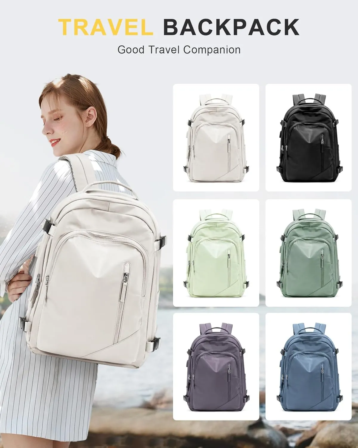 Travel Backpack for Women Men, Waterproof Carry on Backpack for Flight Approved Personal Item Bag, Business Laptop Backpack with USB Charging for Hiking Gym with Shoe Compartment Casual Daypack White