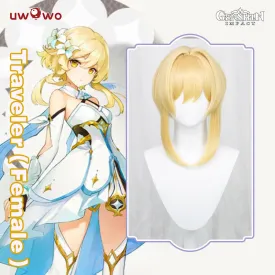 Uwowo Genshin Impact Female Traveler Cosplay Wig 35cm Gold Short Hair Lumine/Hotaru/Hyeong/荧