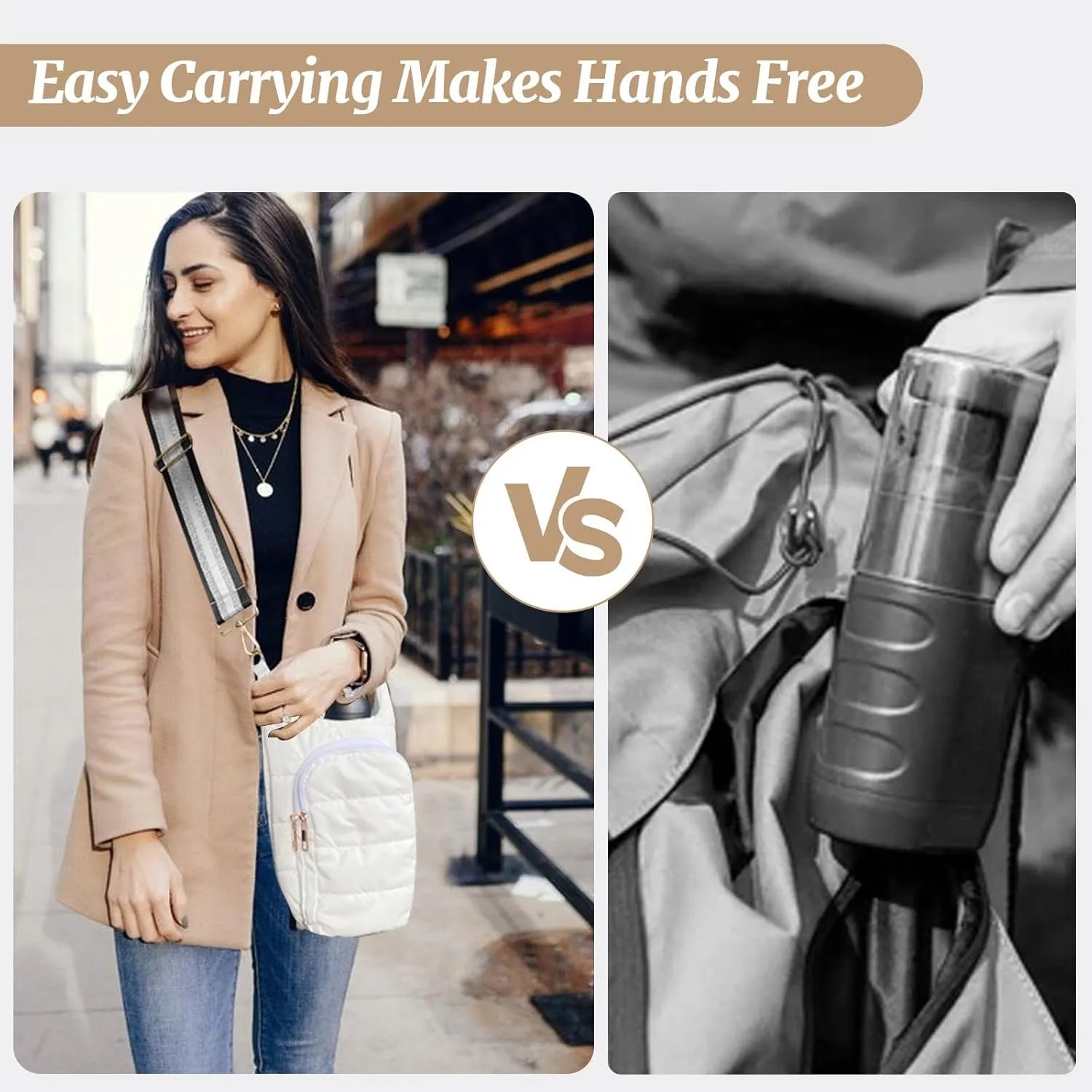 Water Bottle Holder with Strap Quilted Crossbody HydroBag Stylish Puffer Waterbottle Purses Water Bottle Sling Bag Water Bottle Accessories for Gifts Outdoor Travel Walking Hiking Camping