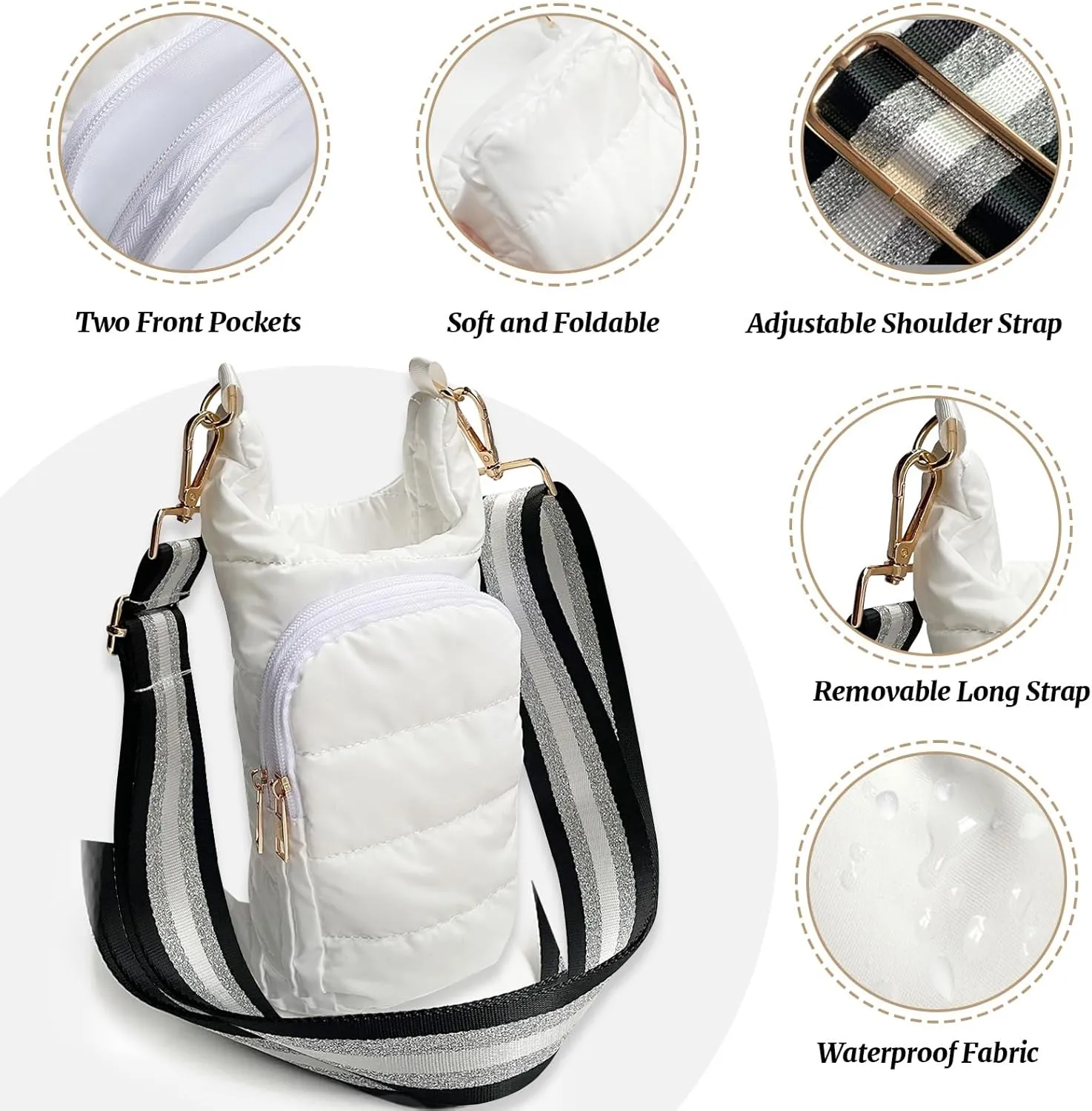 Water Bottle Holder with Strap Quilted Crossbody HydroBag Stylish Puffer Waterbottle Purses Water Bottle Sling Bag Water Bottle Accessories for Gifts Outdoor Travel Walking Hiking Camping