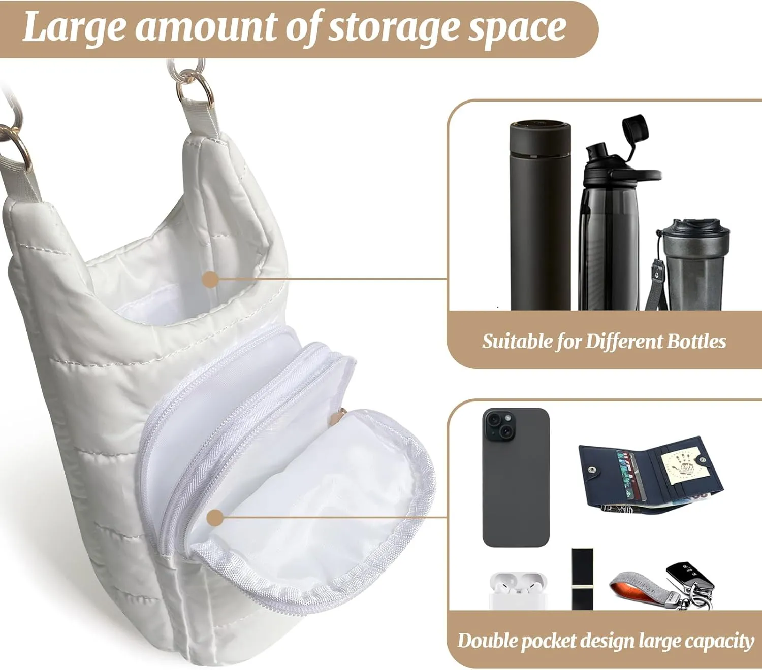 Water Bottle Holder with Strap Quilted Crossbody HydroBag Stylish Puffer Waterbottle Purses Water Bottle Sling Bag Water Bottle Accessories for Gifts Outdoor Travel Walking Hiking Camping