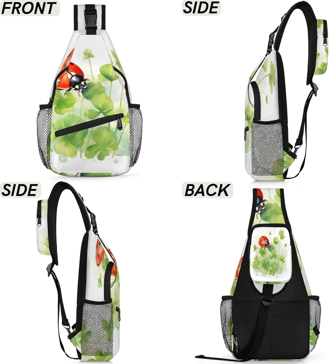 Watercolor Clover Ladybugs Sling Bag for Women Men Fanny Pack Small Sling Backpack Crossbody Bag Chest Bag Casual Daypack for Work Travel Hiking