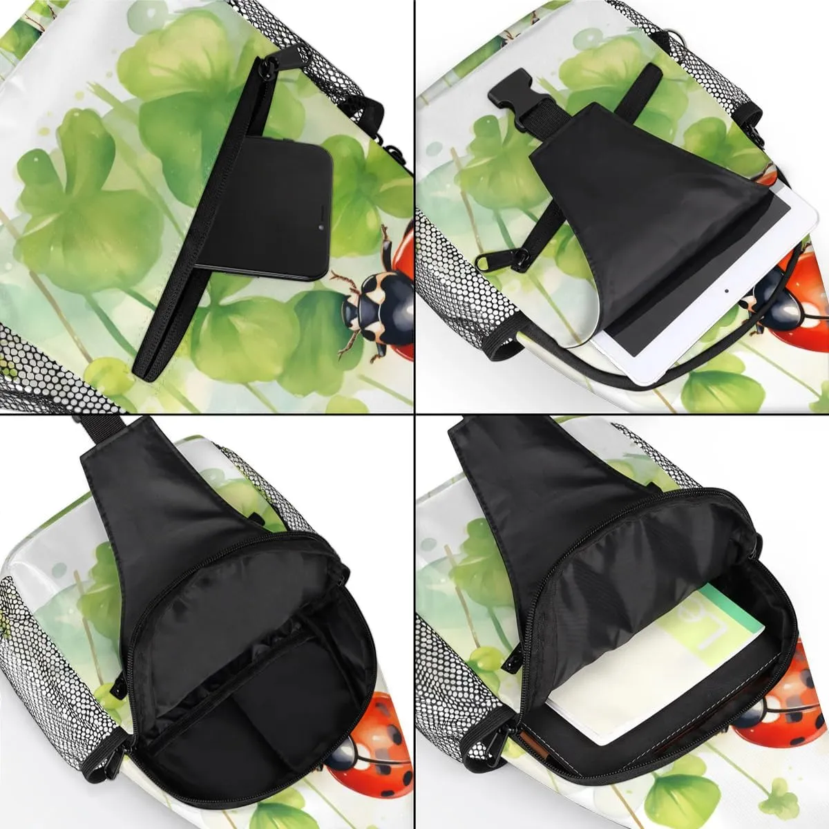 Watercolor Clover Ladybugs Sling Bag for Women Men Fanny Pack Small Sling Backpack Crossbody Bag Chest Bag Casual Daypack for Work Travel Hiking