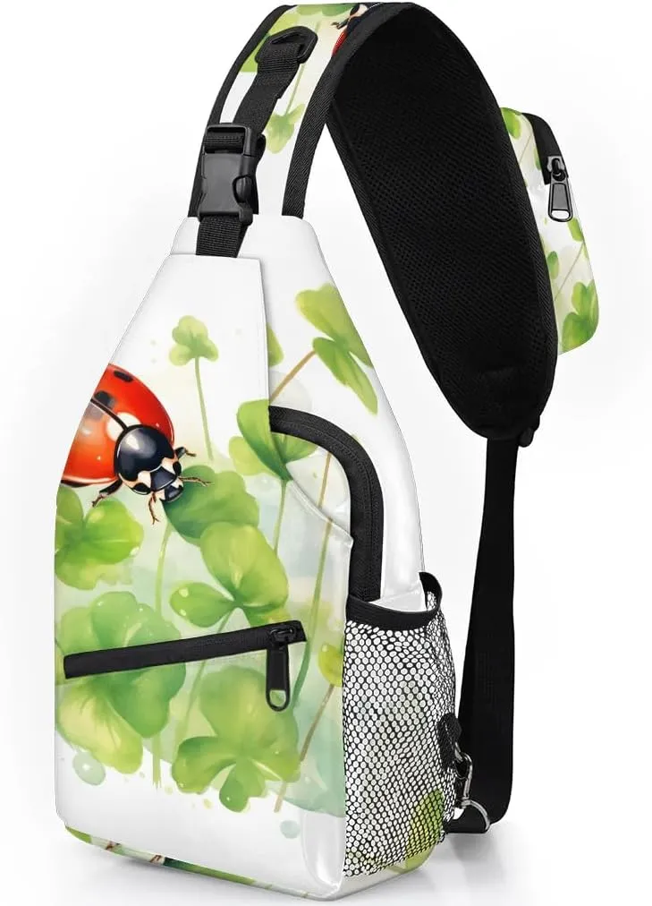 Watercolor Clover Ladybugs Sling Bag for Women Men Fanny Pack Small Sling Backpack Crossbody Bag Chest Bag Casual Daypack for Work Travel Hiking