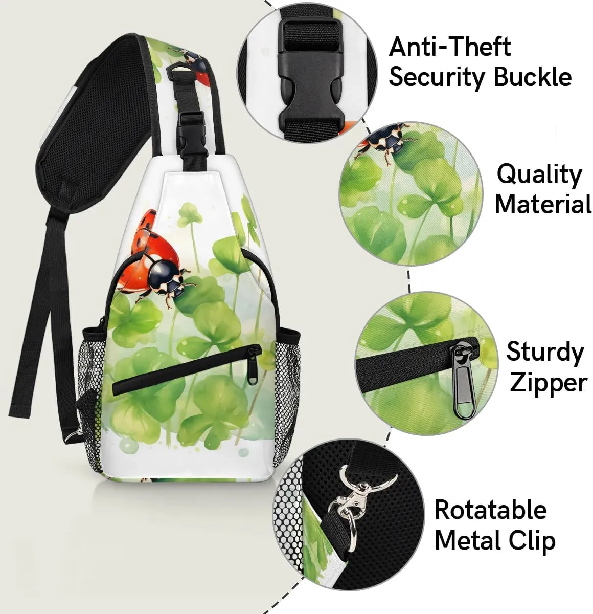Watercolor Clover Ladybugs Sling Bag for Women Men Fanny Pack Small Sling Backpack Crossbody Bag Chest Bag Casual Daypack for Work Travel Hiking