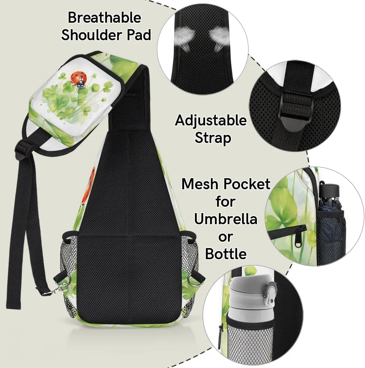 Watercolor Clover Ladybugs Sling Bag for Women Men Fanny Pack Small Sling Backpack Crossbody Bag Chest Bag Casual Daypack for Work Travel Hiking