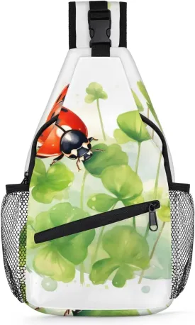 Watercolor Clover Ladybugs Sling Bag for Women Men Fanny Pack Small Sling Backpack Crossbody Bag Chest Bag Casual Daypack for Work Travel Hiking