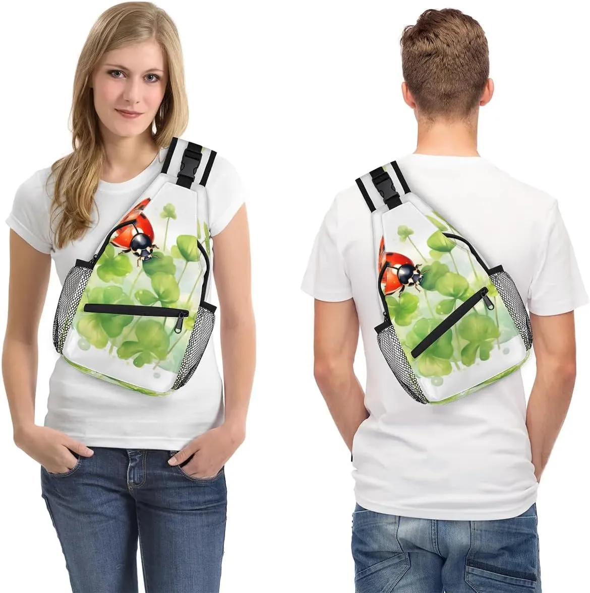 Watercolor Clover Ladybugs Sling Bag for Women Men Fanny Pack Small Sling Backpack Crossbody Bag Chest Bag Casual Daypack for Work Travel Hiking