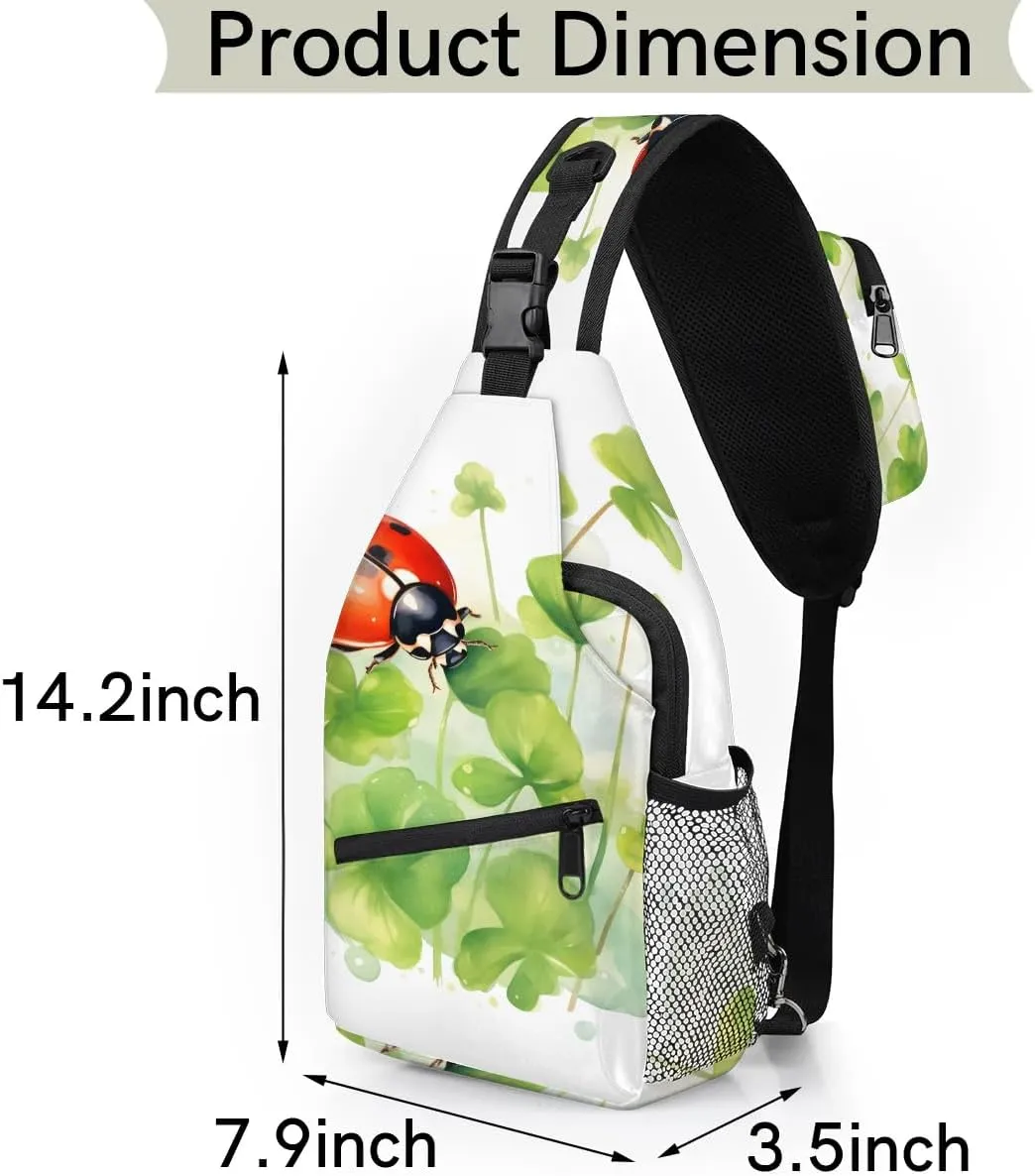 Watercolor Clover Ladybugs Sling Bag for Women Men Fanny Pack Small Sling Backpack Crossbody Bag Chest Bag Casual Daypack for Work Travel Hiking