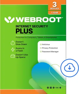 Webroot Internet Security Plus | Antivirus Software 2025 | 3 Device | 1 Year Download for PC/Mac/Chromebook/Android/IOS   Password Manager