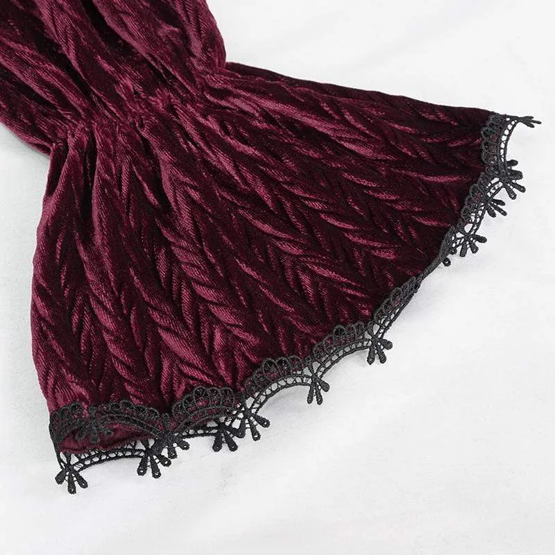 Women's Gothic Floral Embroidered Splice Red Velvet Top